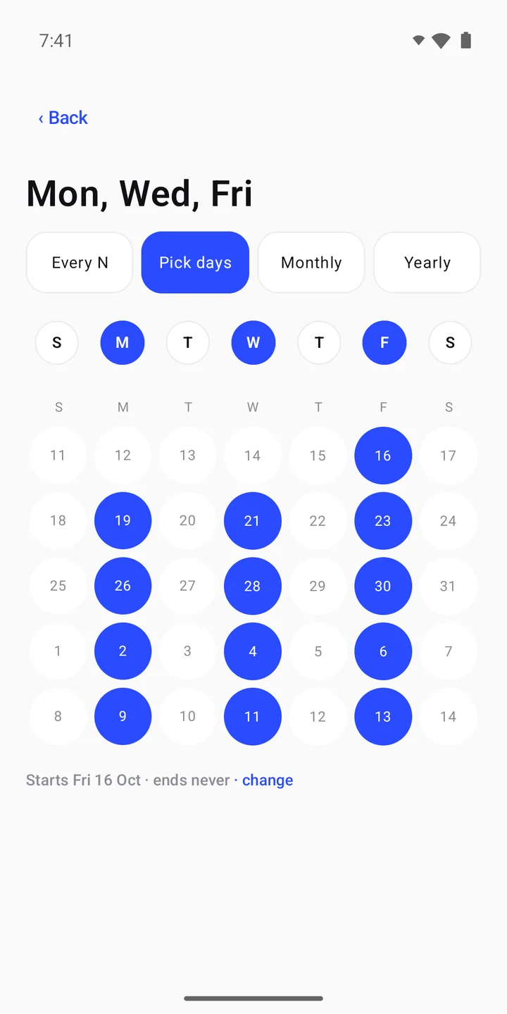 Minimalistic Reminder App repeat screen with selected weekdays and a calendar.